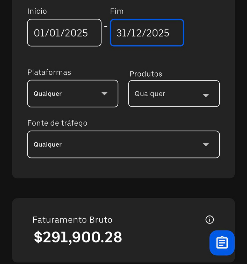 Painel de faturamento bruto do projeto em 2025, no valor de US$ 291.900,28