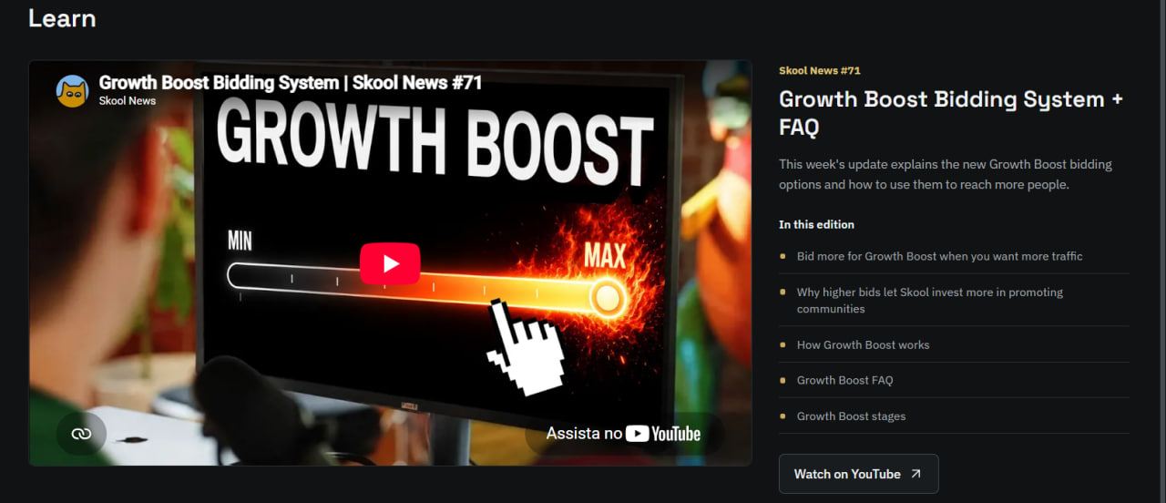 SuperSkool Learn page featuring Skool News 71 about the Growth Boost bidding system